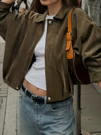 Plus Size Suede Cropped Bomber Jacket