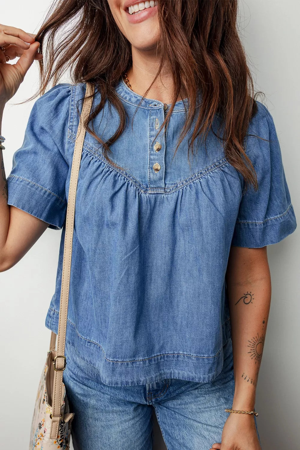 Pleated Detail Half Button Short Sleeve Denim Top