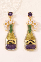 Gold Mardi Gras Shimmery CHAMPAGNE Pearl Rhinestone Studded Earrings