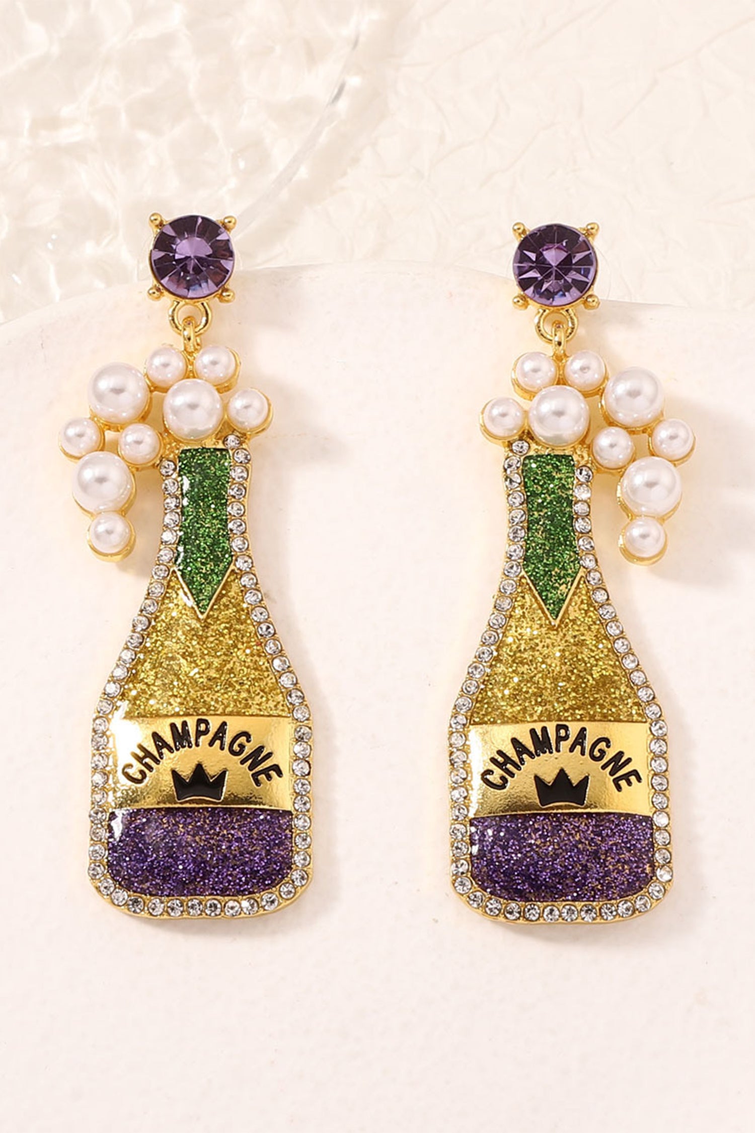 Gold Mardi Gras Shimmery CHAMPAGNE Pearl Rhinestone Studded Earrings