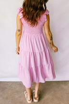 Smocked Bodice Flutter Sleeve Fit Flare Tiered Midi Dress