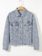 Bow Knot Print Light Wash Raw Hem Denim Jacket
