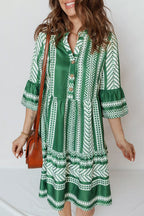 Ethnic Print Half Button 3/4 Sleeve Casual Dress