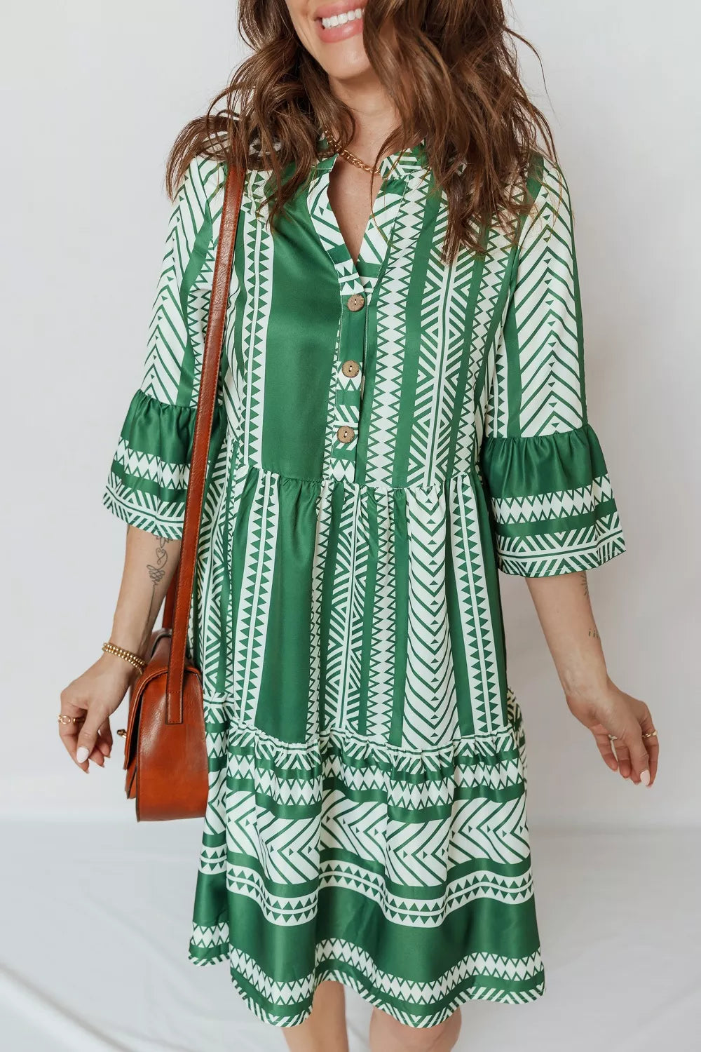 Ethnic Print Half Button 3/4 Sleeve Casual Dress