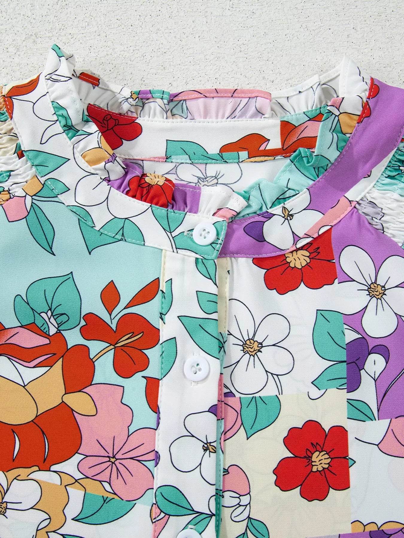 Floral Print Patchwork Frilly Neckline Long Sleeve Shirt