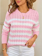 Striped Cable Knit Round Neck Sweater