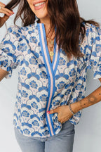 Floral Print Flounced Short Sleeve Contrast Trim V Neck Blouse