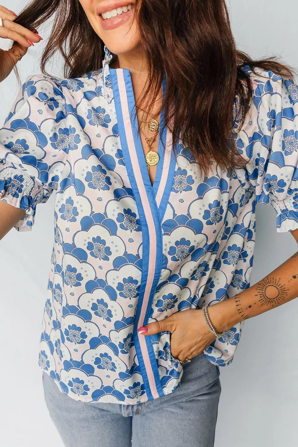 Floral Print Flounced Short Sleeve Contrast Trim V Neck Blouse