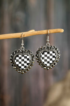 Black Crystal Checkered Heart Studded Trim Vintage Earrings