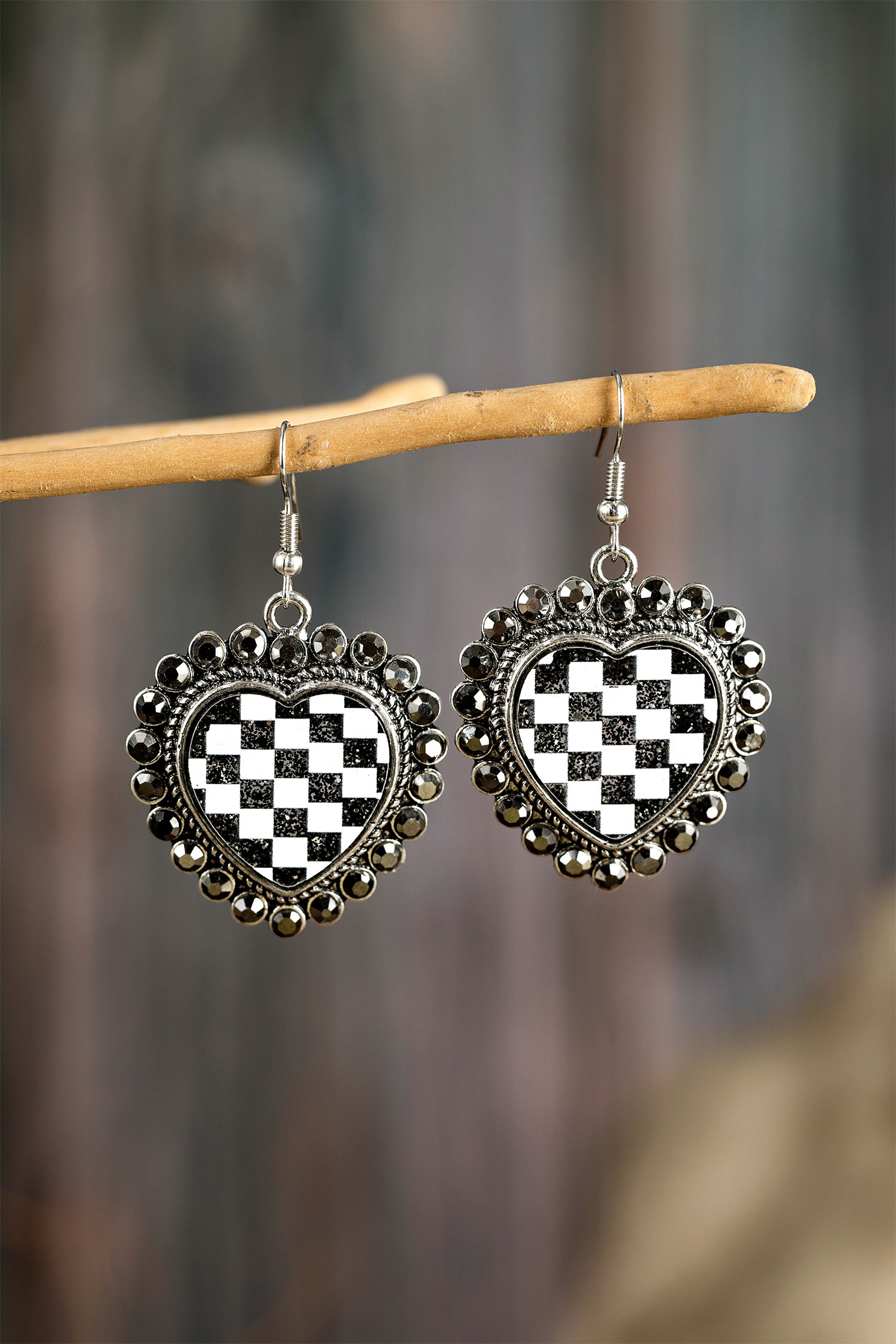 Black Crystal Checkered Heart Studded Trim Vintage Earrings