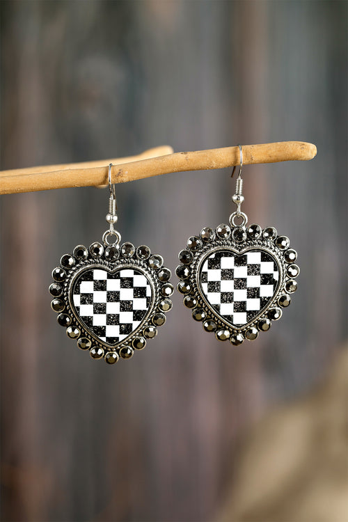 Black Crystal Checkered Heart Studded Trim Vintage Earrings