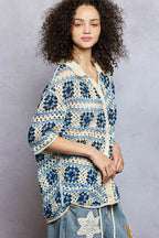 POL Openwork Short Sleeve Crochet Shirt with Border Accents