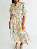 Floral Print Ruffle Trim Smocked Midi Dress