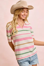 BiBi Multi Colors Stripes Collared Knit Top