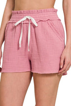 Zenana Double Gauze Elasticband Drawstring Waist Shorts
