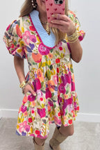 Floral Print Ricrac Trim Striped Patchwork V Neck Dress