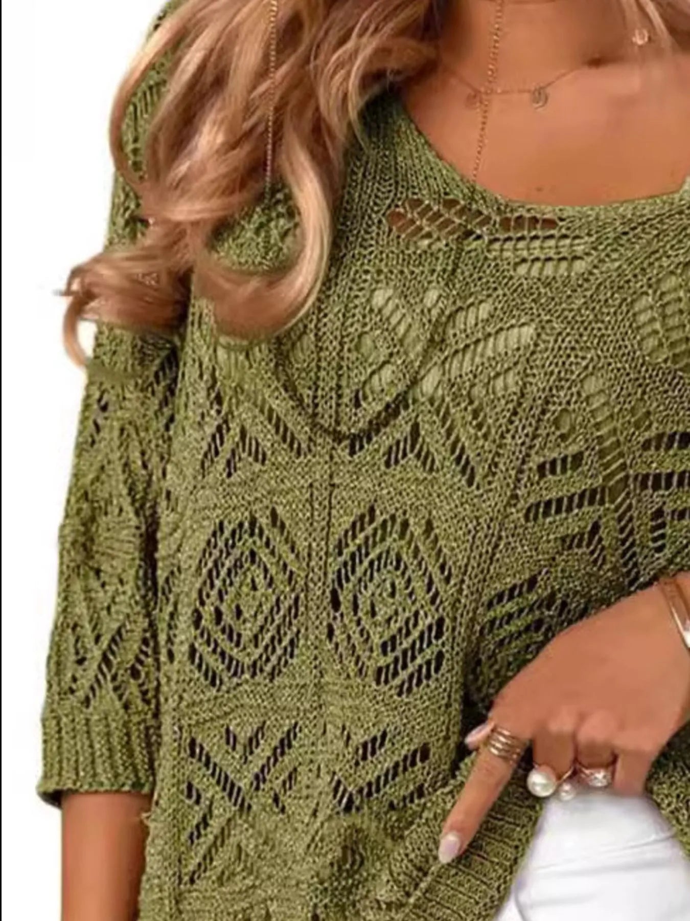 Openwork 3/4 Sleeve Knit Cover Up