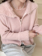 Fluffy Trim Zip-Up Cardigan