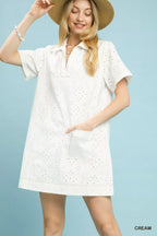 Umgee Eyelet Short Sleeve Shift Dress with Pocket