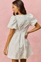 SO ME Floral Jacquard Bubble Shorts Sleeves Mini Dress
