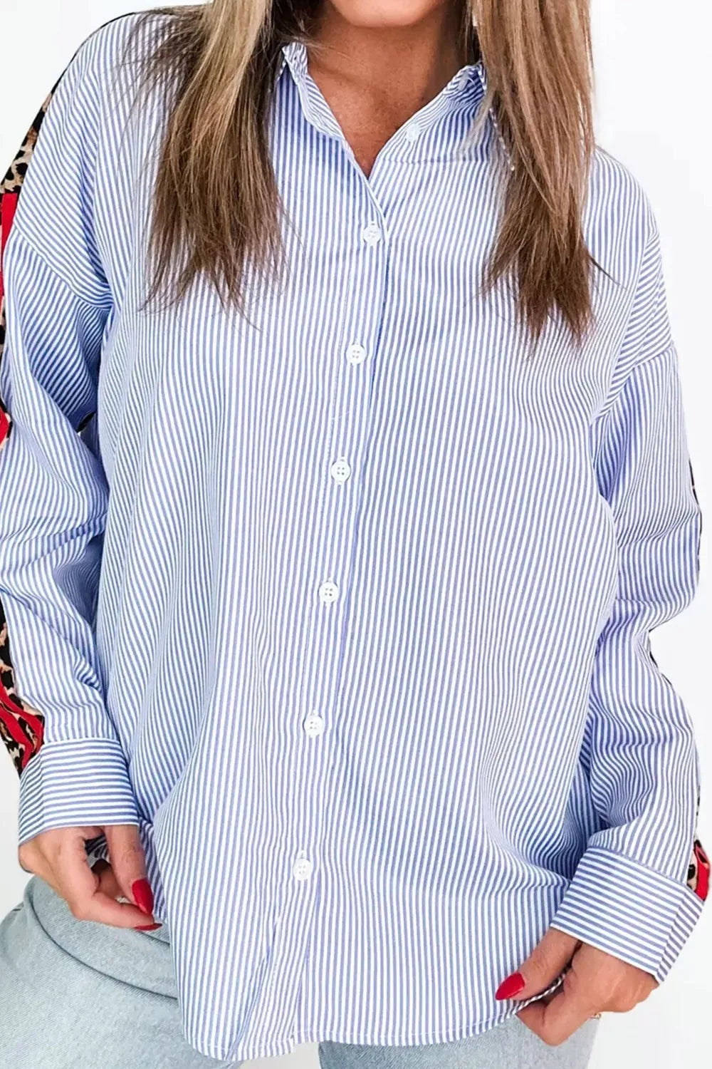 Stripe Contrasted Varsity Stripe Leopard Patchwork Button Down Shirt