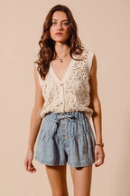 SO ME Flared Denim Shorts with Elasticized Waist