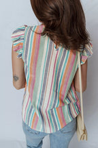 Lace Hollow-out Insert Flutter Sleeve Striped Blouse