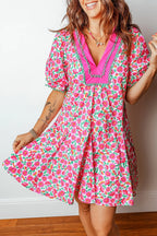 Floral Print V Neck Patchwork Short Bubble Sleeve Mini Dress