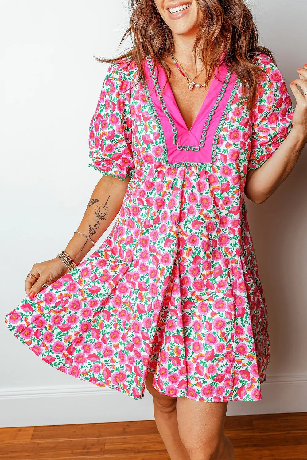 Floral Print V Neck Patchwork Short Bubble Sleeve Mini Dress