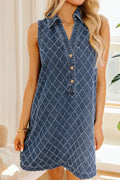 Rhombus Textured Collar Buttoned V Neck Denim Sleeveless Mini Dress