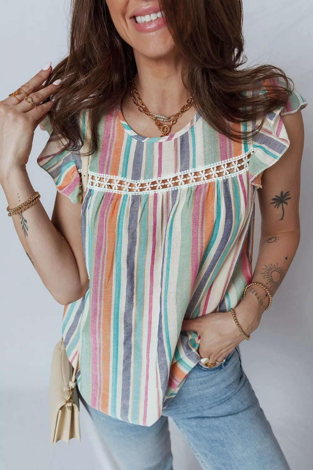 Lace Hollow-out Insert Flutter Sleeve Striped Blouse