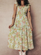 Smocked Bodice Ruffled Sleeveless Tiered Floral Dress