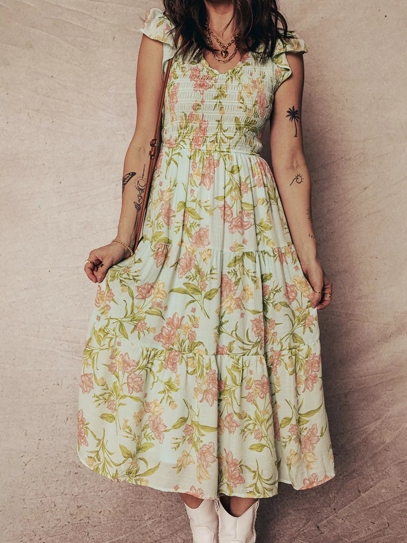 Smocked Bodice Ruffled Sleeveless Tiered Floral Dress