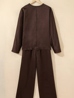 Braided V Neck Long Sleeve Loose Top and Drawstring High Waist Pants 2pcs Outfit