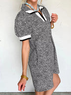 Leopard Print Contrast Striped Trim Polo Collar Short Sleeve Dress with Pockets