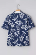 Floral Print Short Puff Sleeve Striped Trim V Neck Blouse