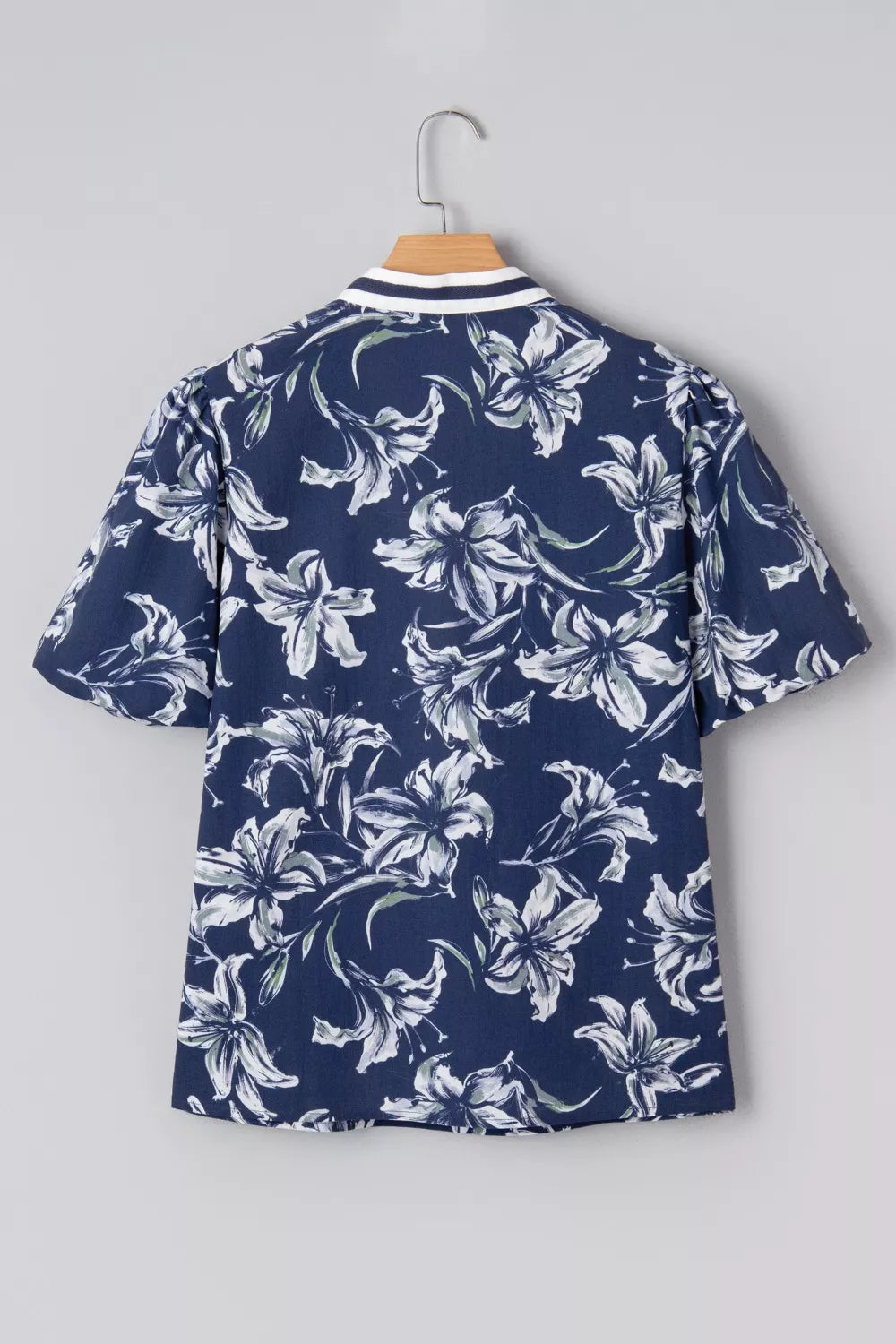 Floral Print Short Puff Sleeve Striped Trim V Neck Blouse