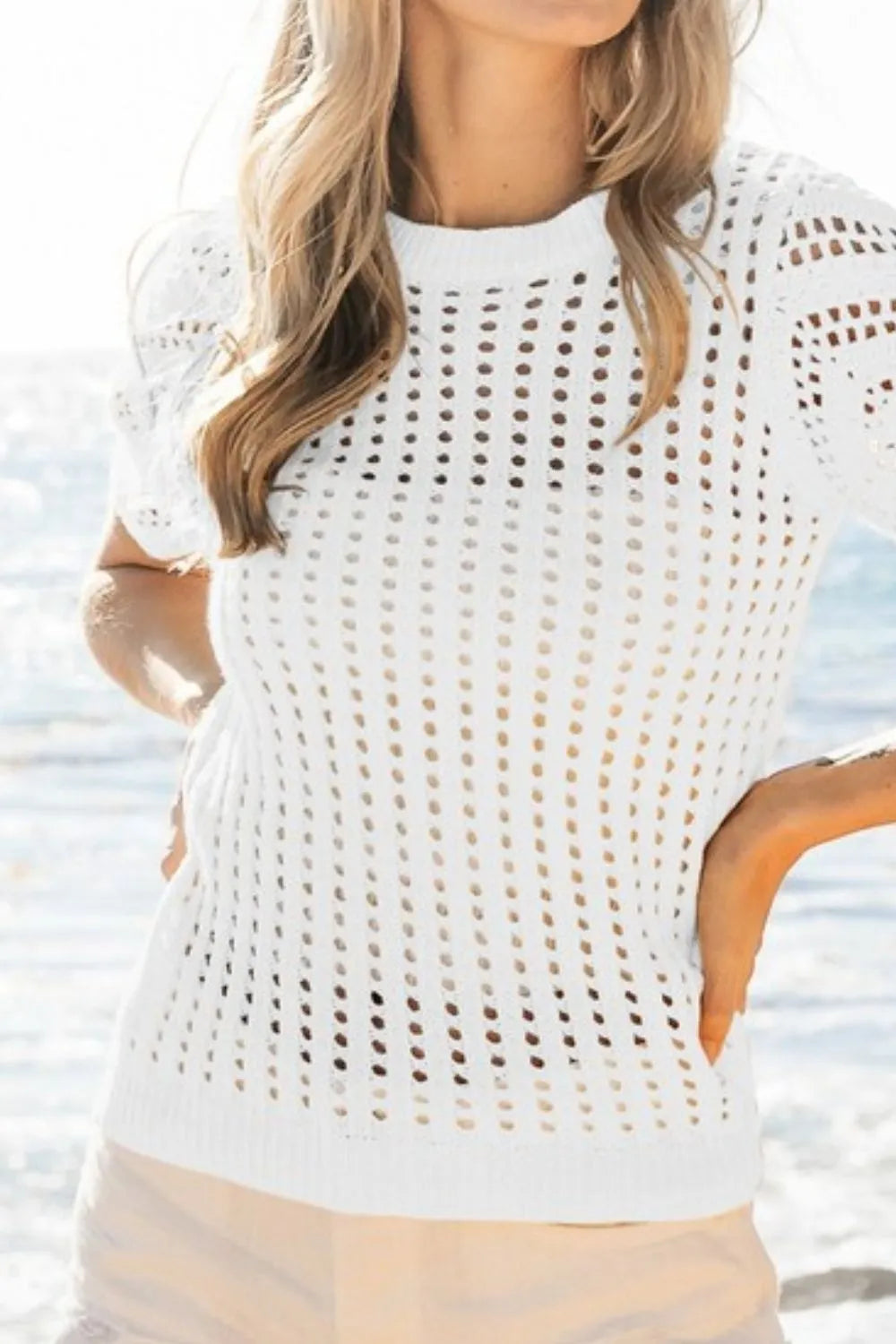 BiBi Crochet Knit Cover Up With Puff Sleeves