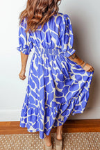 Abstract Print Smocked Waist Puff Half Sleeve Dress