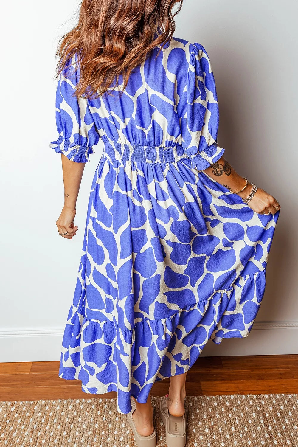 Abstract Print Smocked Waist Puff Half Sleeve Dress