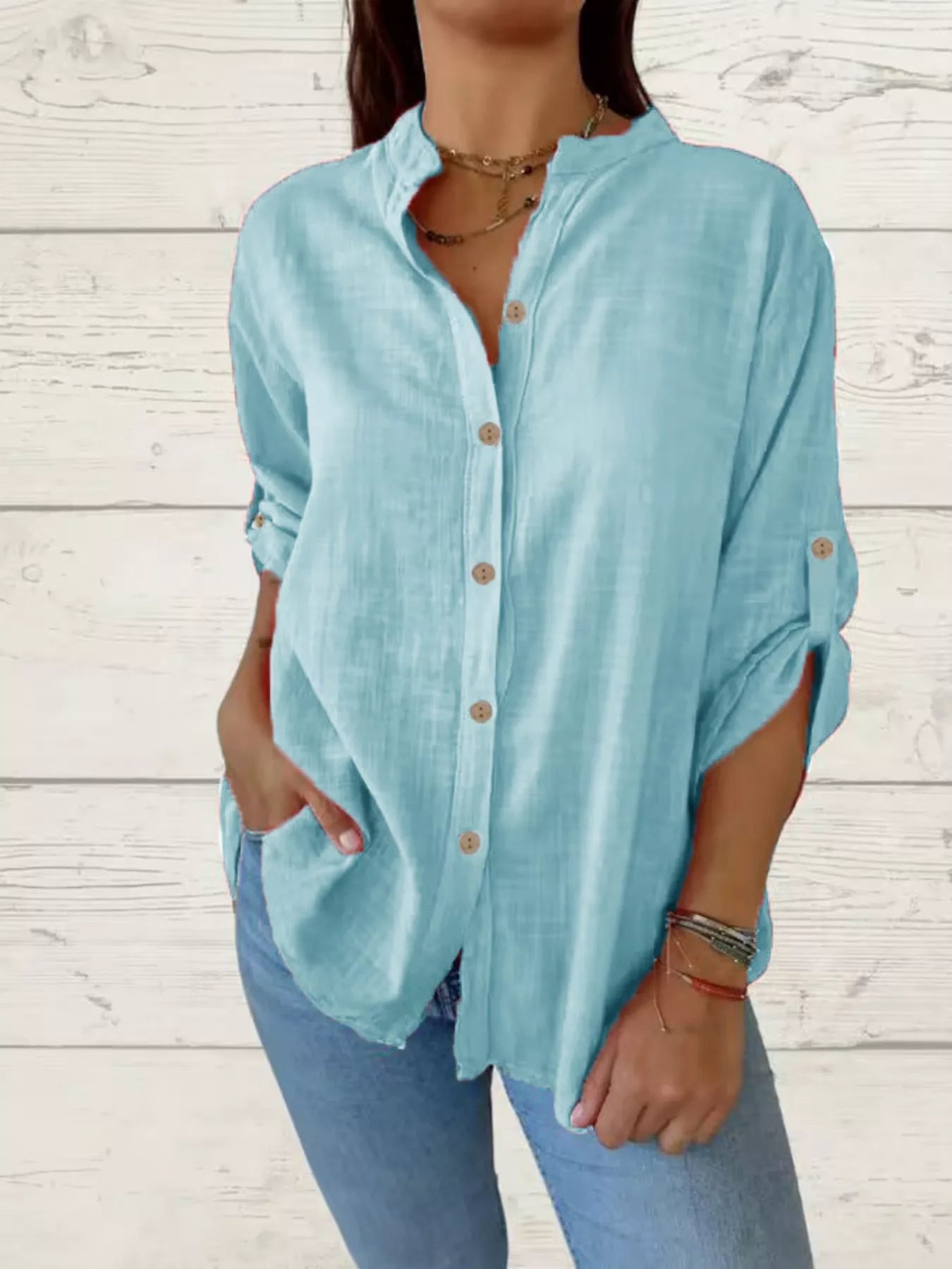 Full Size Casual Button-Down Roll-Up Sleeve Shirt Plus Size