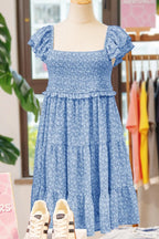 Floral Print Square Neck Flutter Sleeve Smocked Tiered Mini Dress