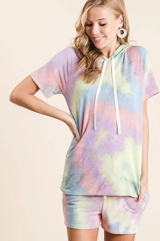 BiBi Tie Dye French Terry Casual Shorts with Twill Tape
