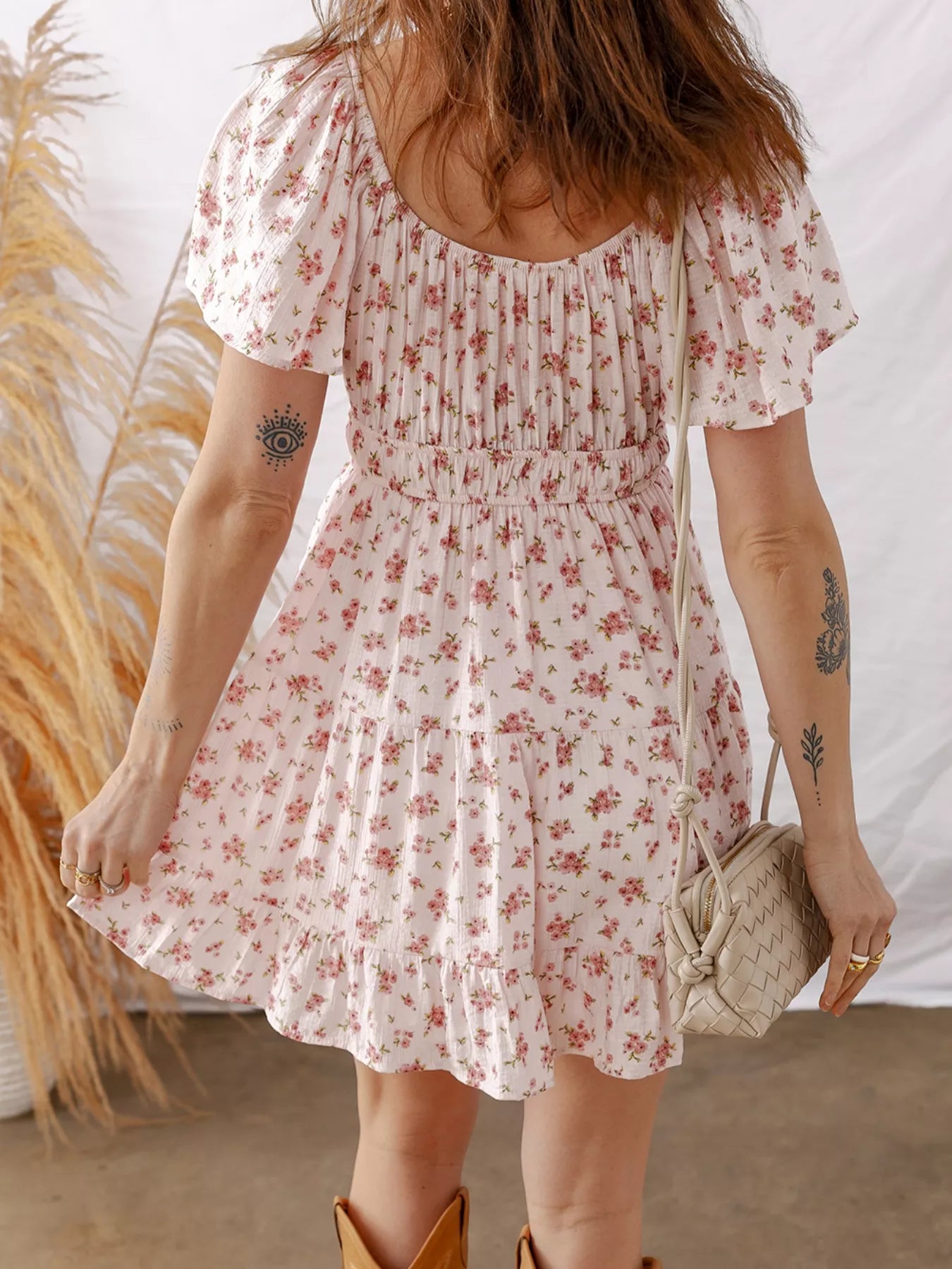 Front Tie Shirred Waist Short Sleeve Ruffled Floral Mini Dress