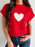 Heart Ribbed Hem Short Sleeve Sweater