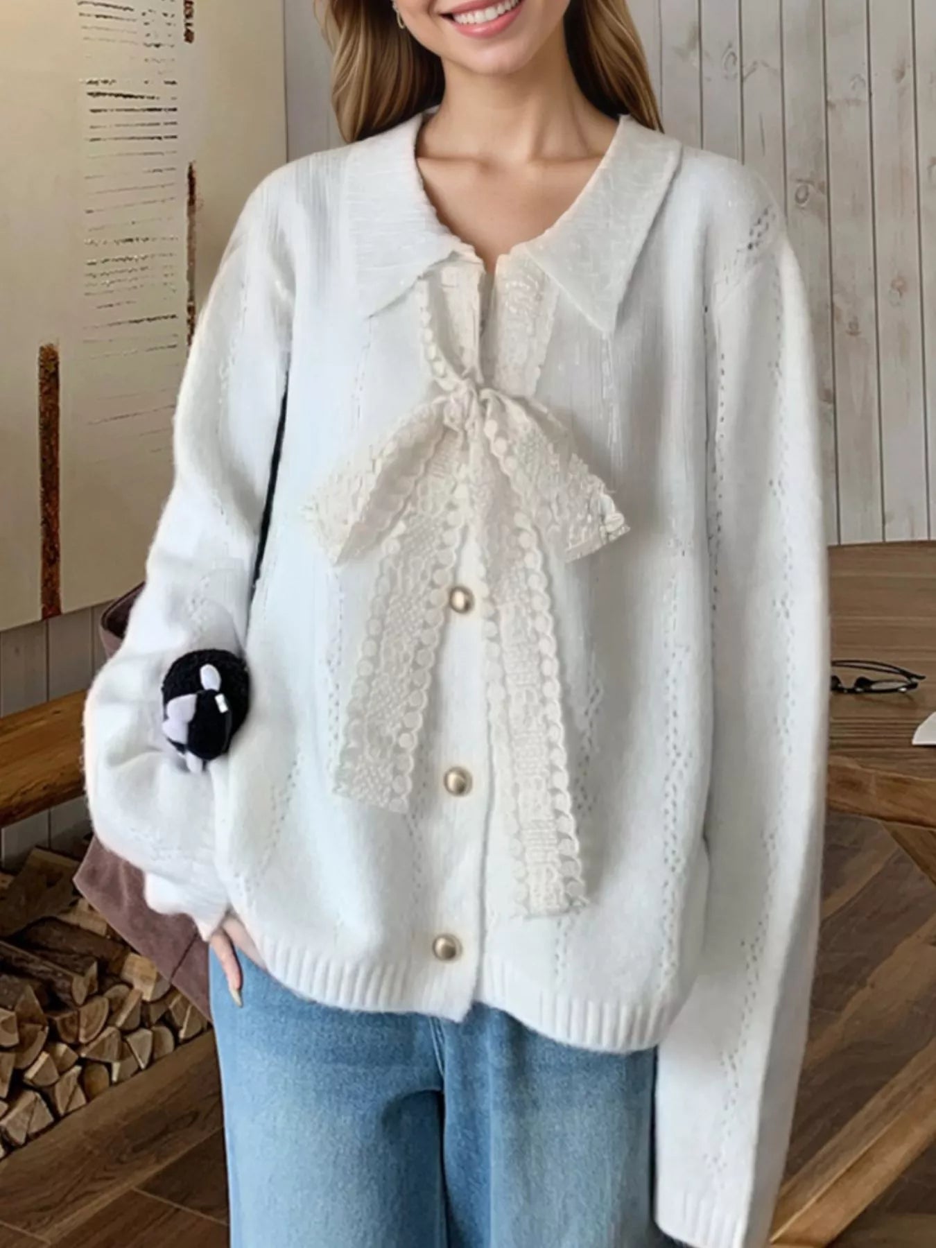 Lace Tie Button Up Cardigan
