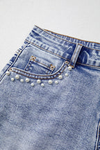 Pearl Studded Pockets Raw Hem Denim Shorts