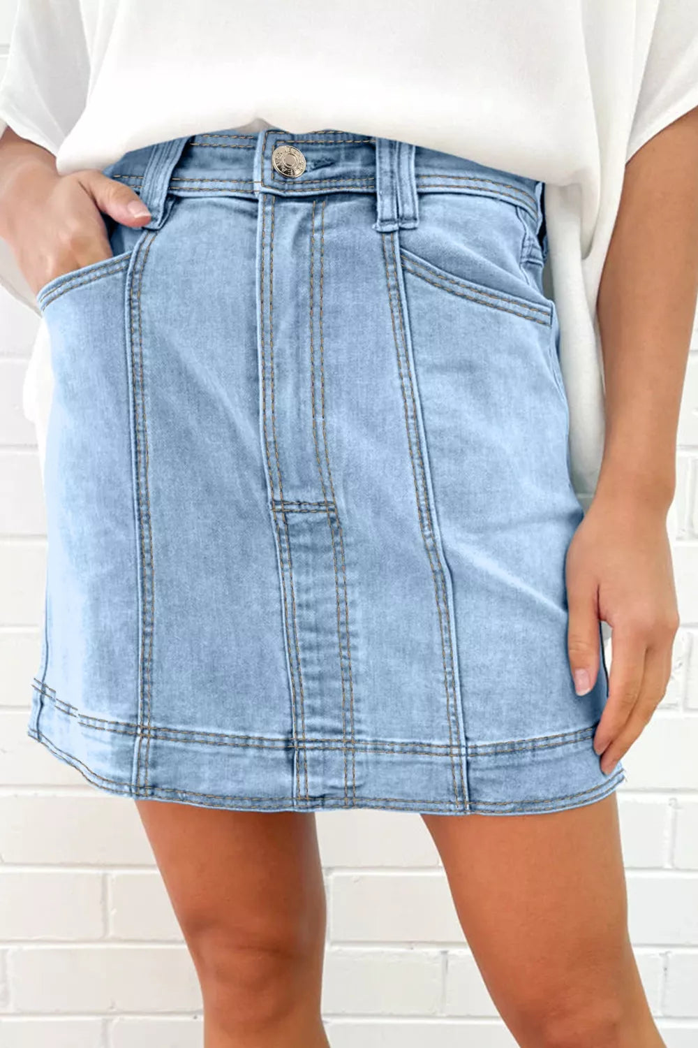 Exposed Seam Detail A-line Denim Mini Skirt with Pockets