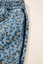Leopard Print Exposed Seam Detail Wide Leg Drawstring Jeans