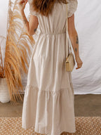Stripe Flutter Sleeve Buttoned Front Slit Maxi Dress